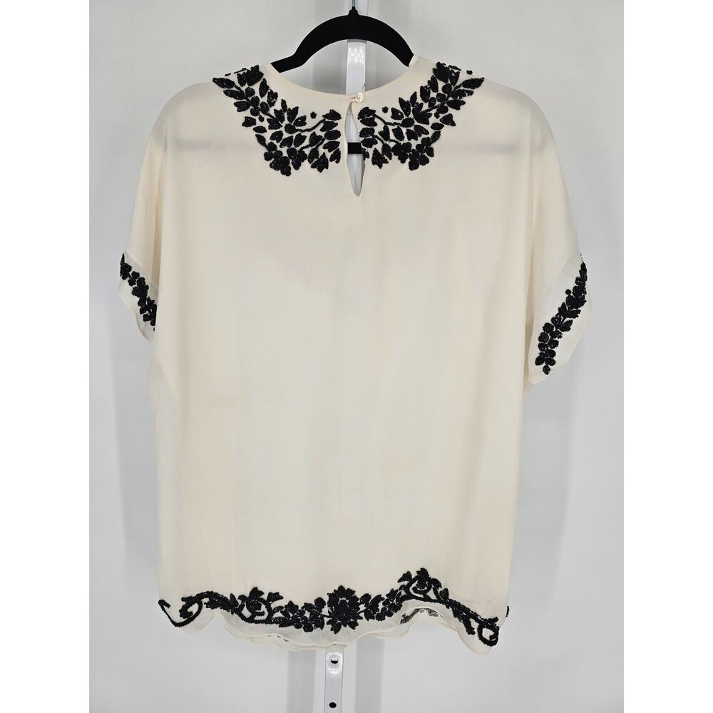 Neiman Marcus Womens Sz L 100% Silk Short Sleeve Blouse Cream Black Beaded Neck - Picture 4 of 4